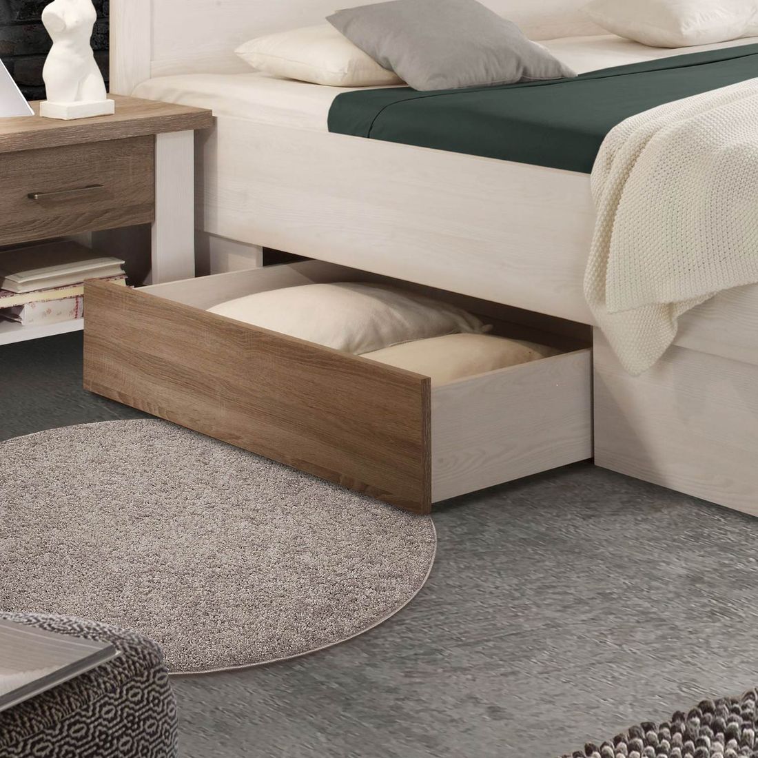 Bett Jordi Komfort Pinie Dekor mit Nachttischen und Schubkasten
