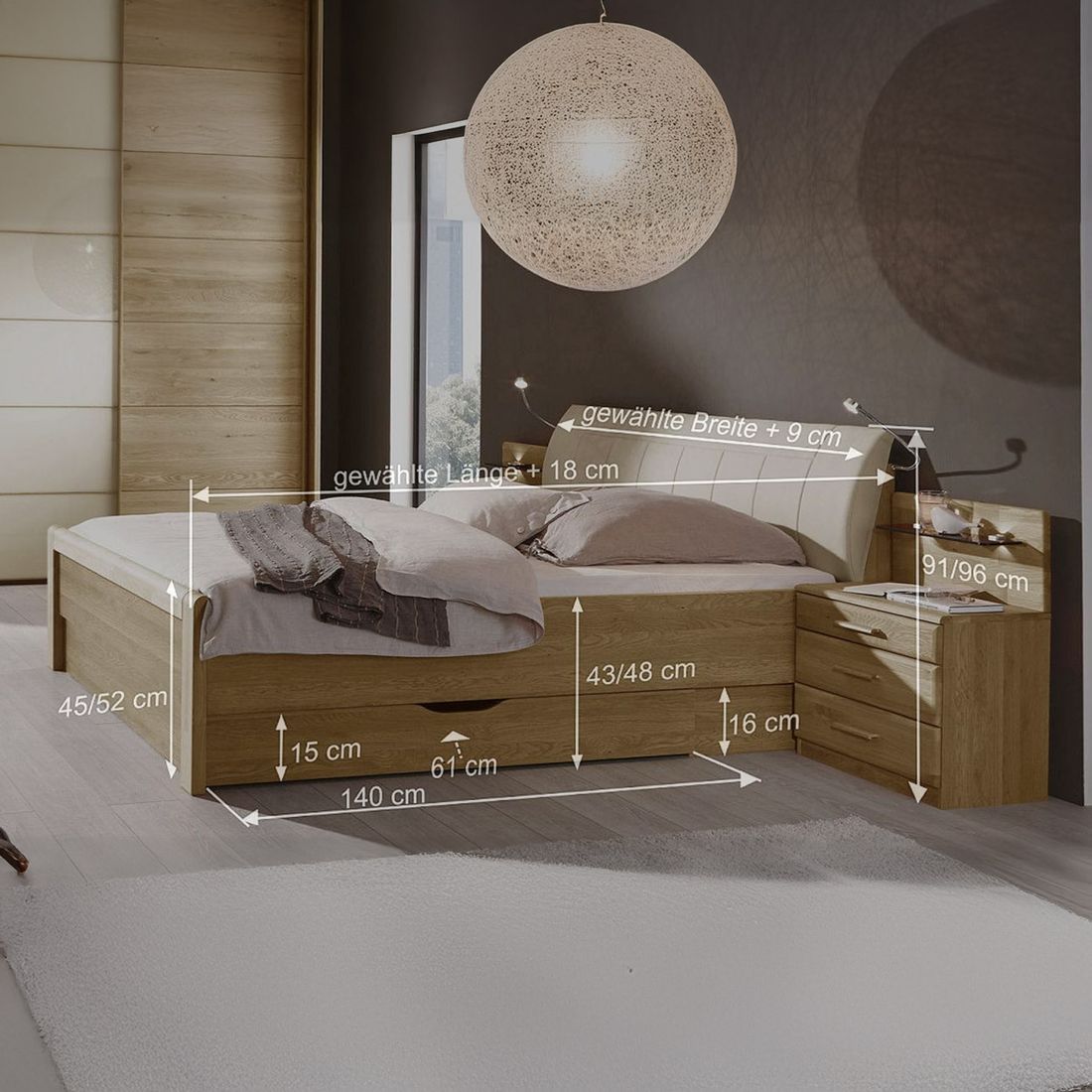 Bett Praia Komfort Eiche teilmassiv mit Schubkasten