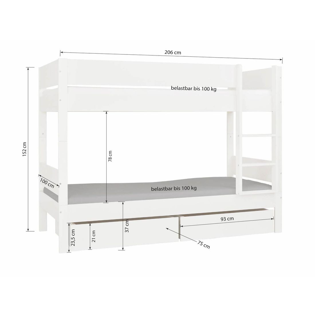 Etagenbett Tacora Buche teilmassiv mit Lattenrost und Schubkasten 90x200cm
