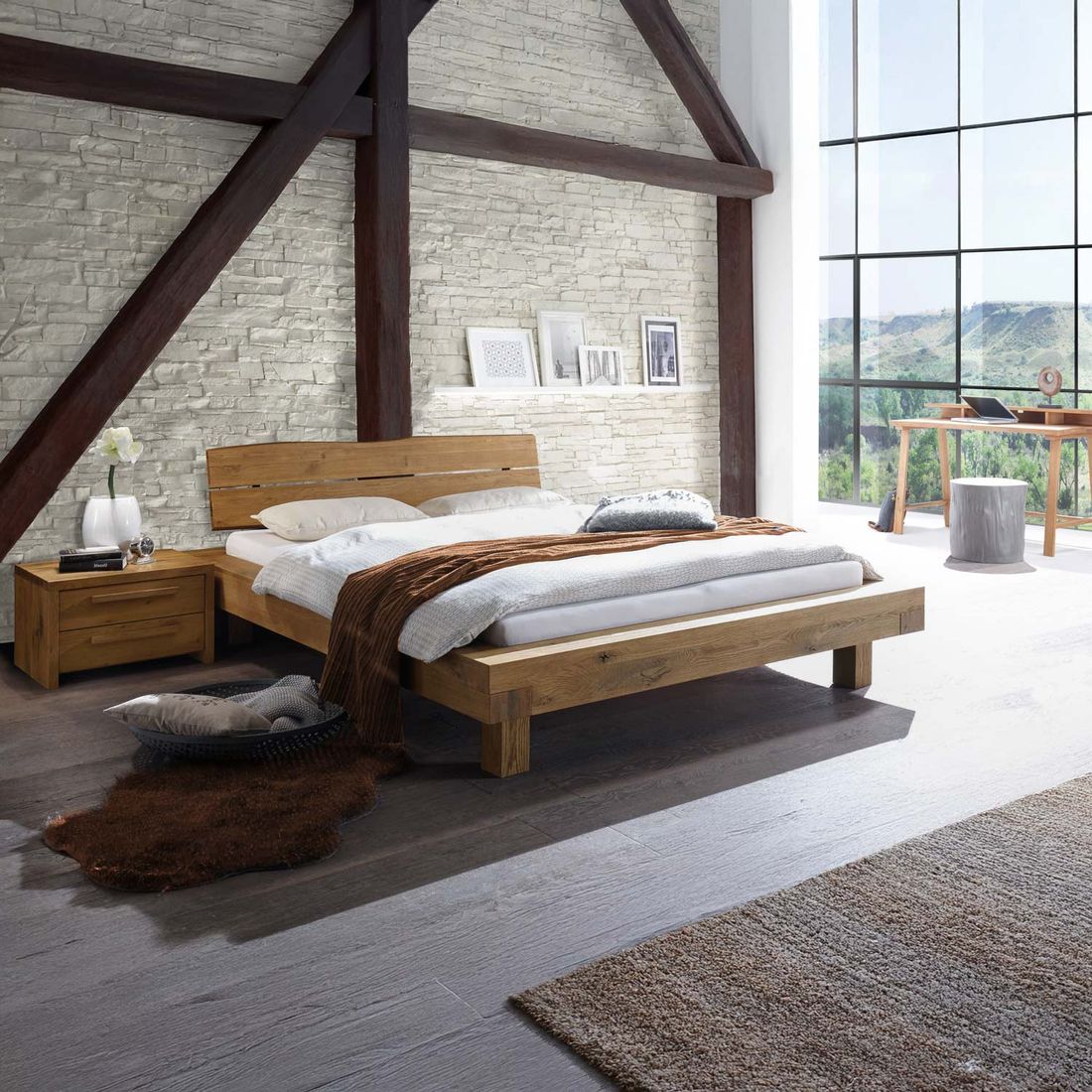 Balkenbett Trecera Wildeiche Massivholz
