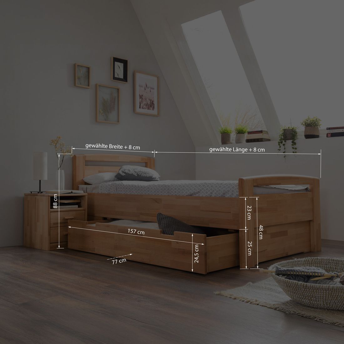 HOMELIV. Seniorenbett Luise Komfort Kernbuche Massivholz mit Schubkasten
