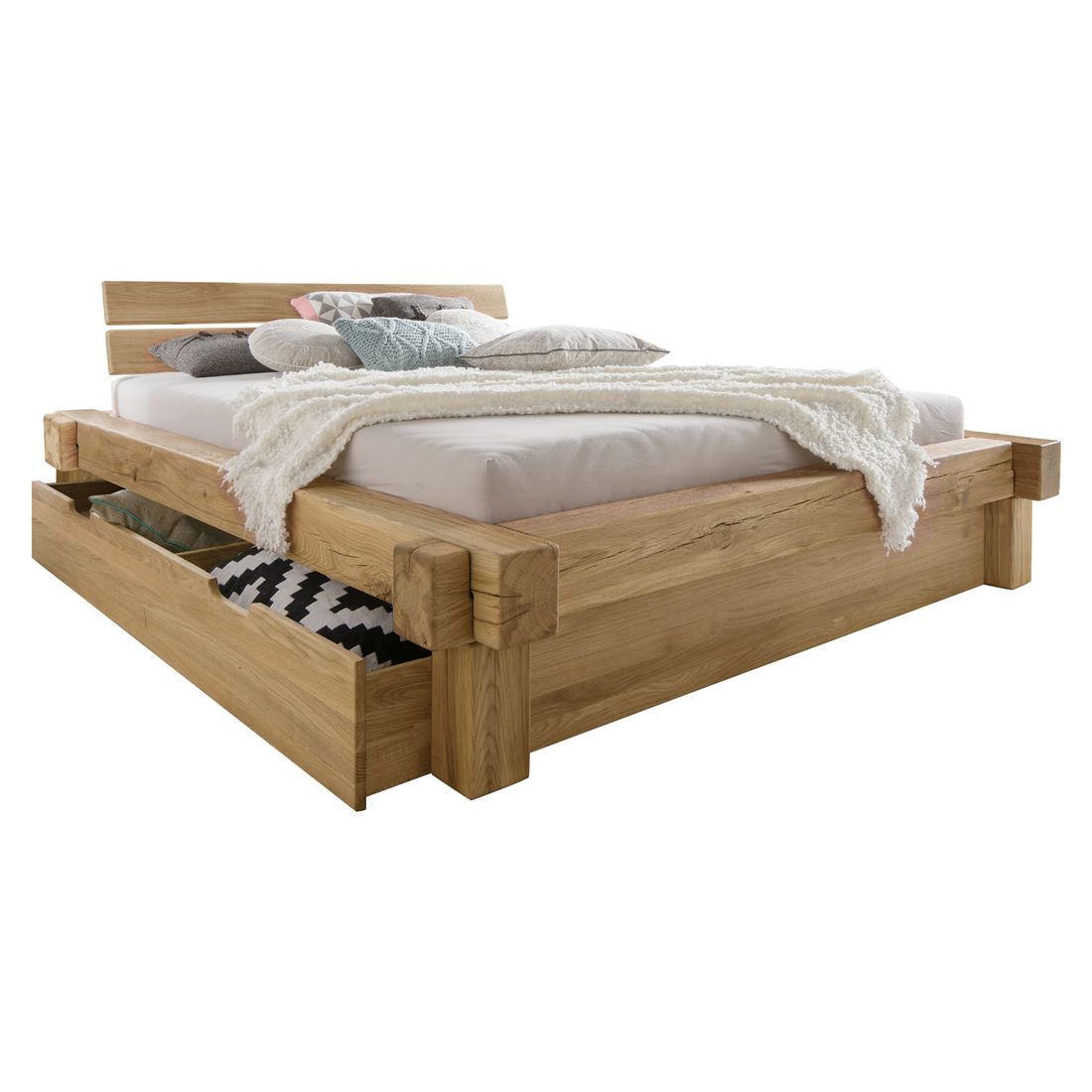 Balkenbett Doba Komfort Wildeiche Massivholz mit Schubkasten
