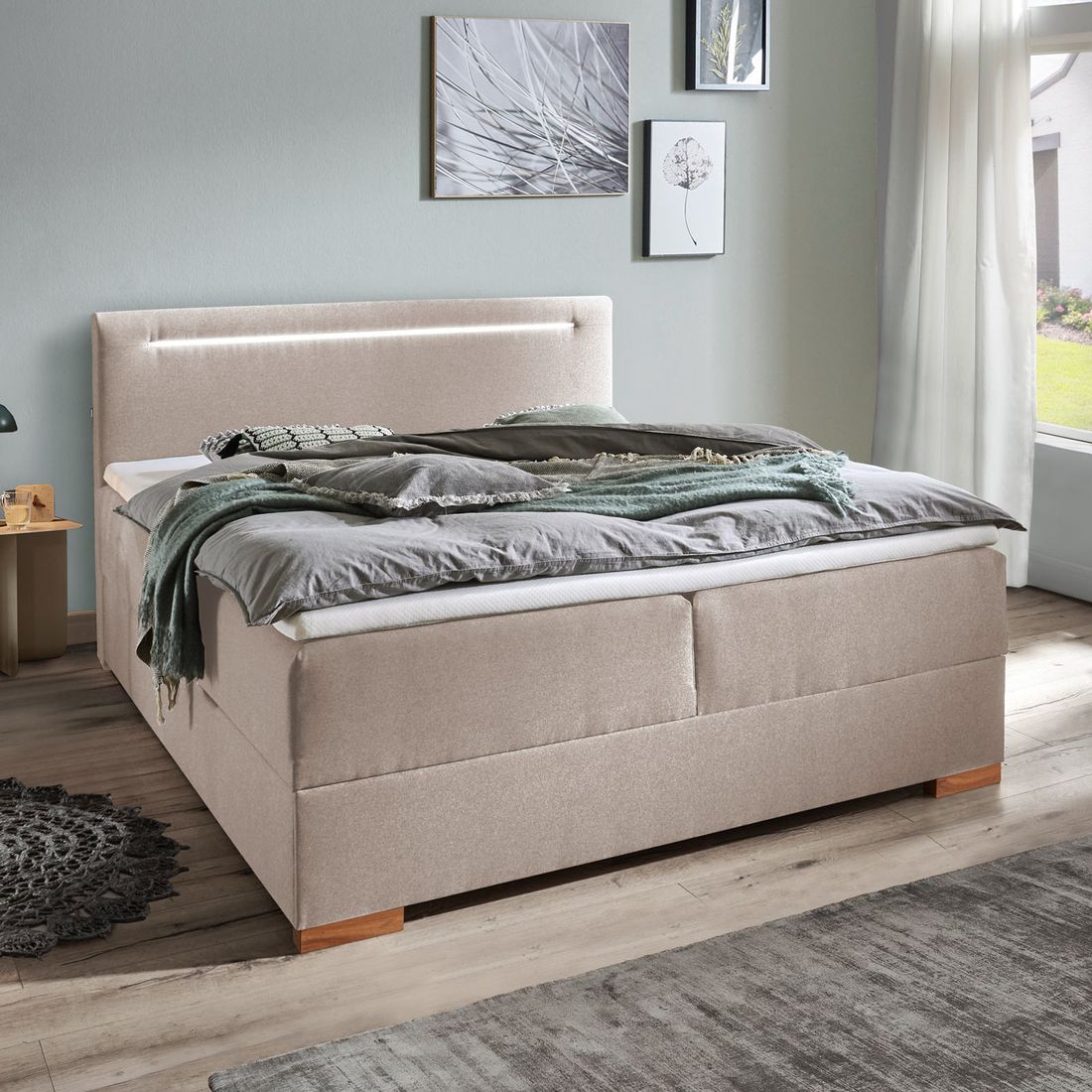 Boxspringbett Noar Webstoff mit Beleuchtung und Bettkasten