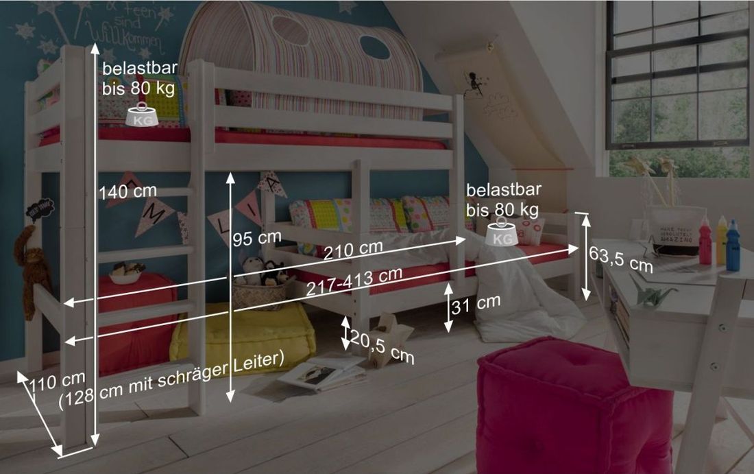 Etagenbett Kids Paradise für Dachschrägen Kiefer Massivholz mit Lattenrost