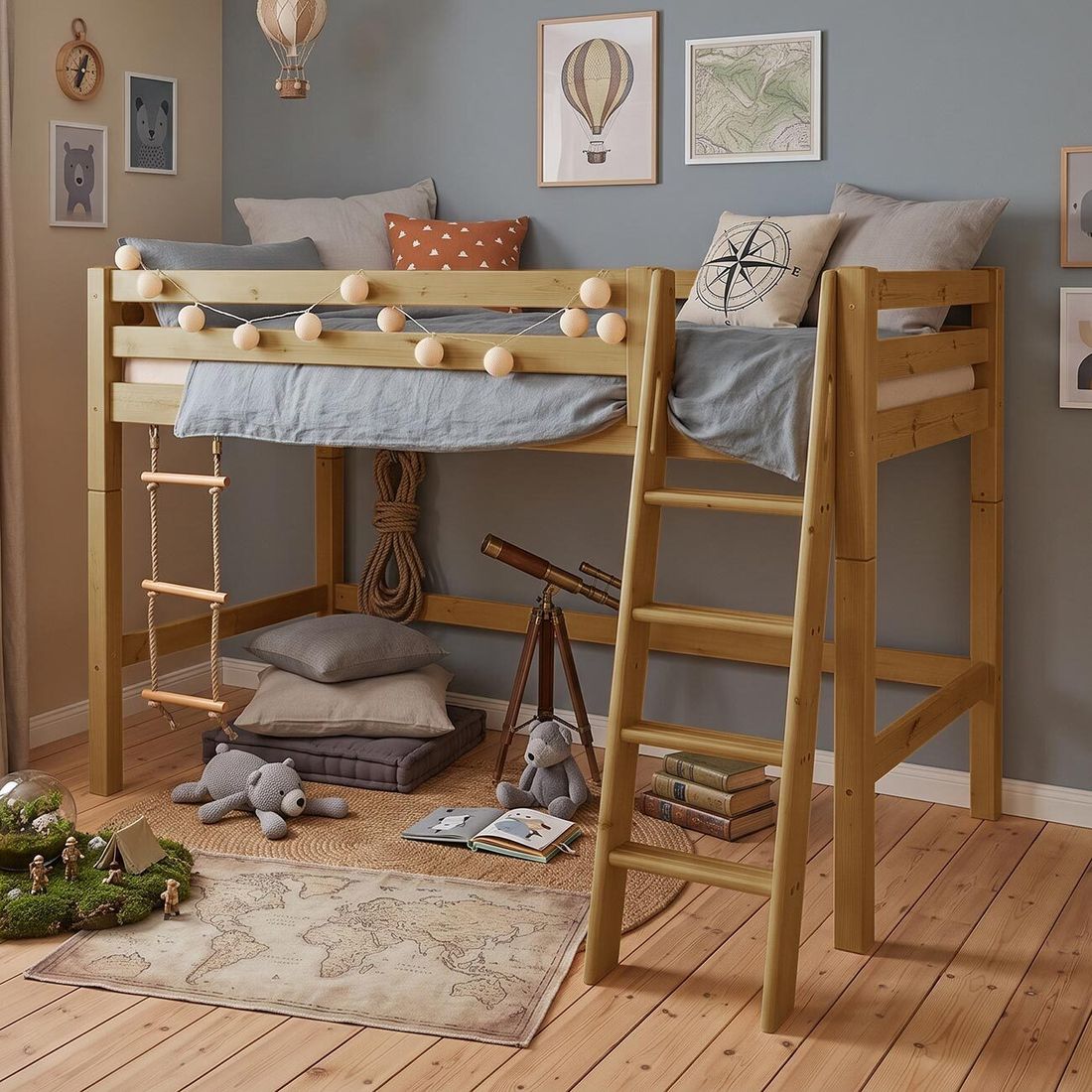 Midi-Hochbett Kids Paradise Kiefer Massivholz mit Lattenrost