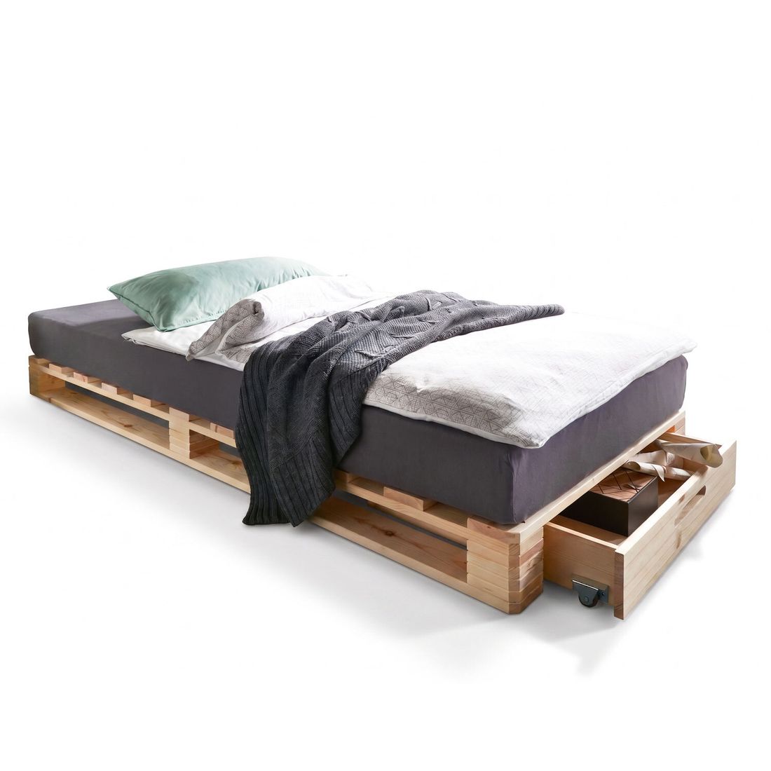 Palettenbett Ganta Kiefer Massivholz mit Schubkasten