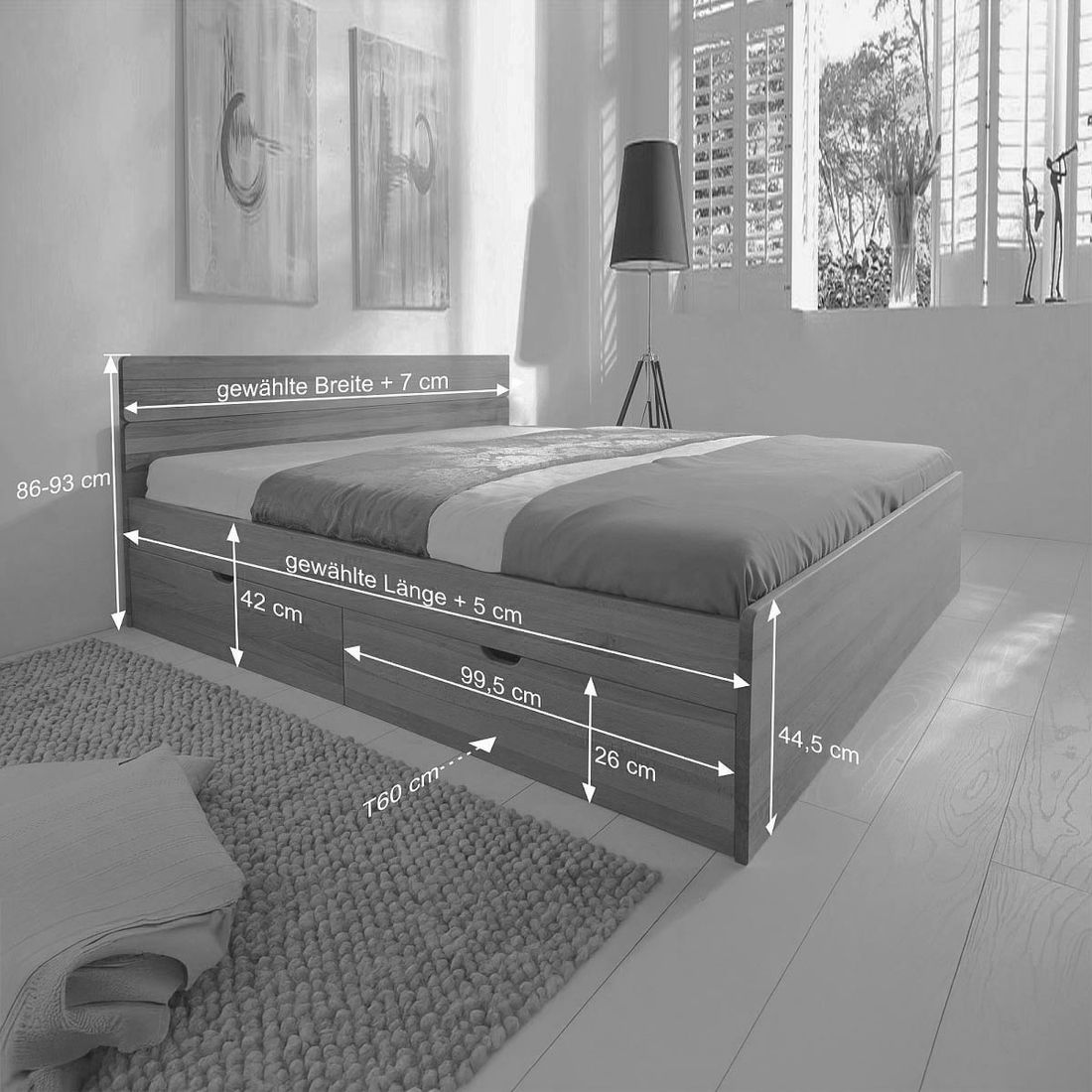 Bett Finnland Komfort Kiefer/Kernbuche Massivholz mit Schubkasten