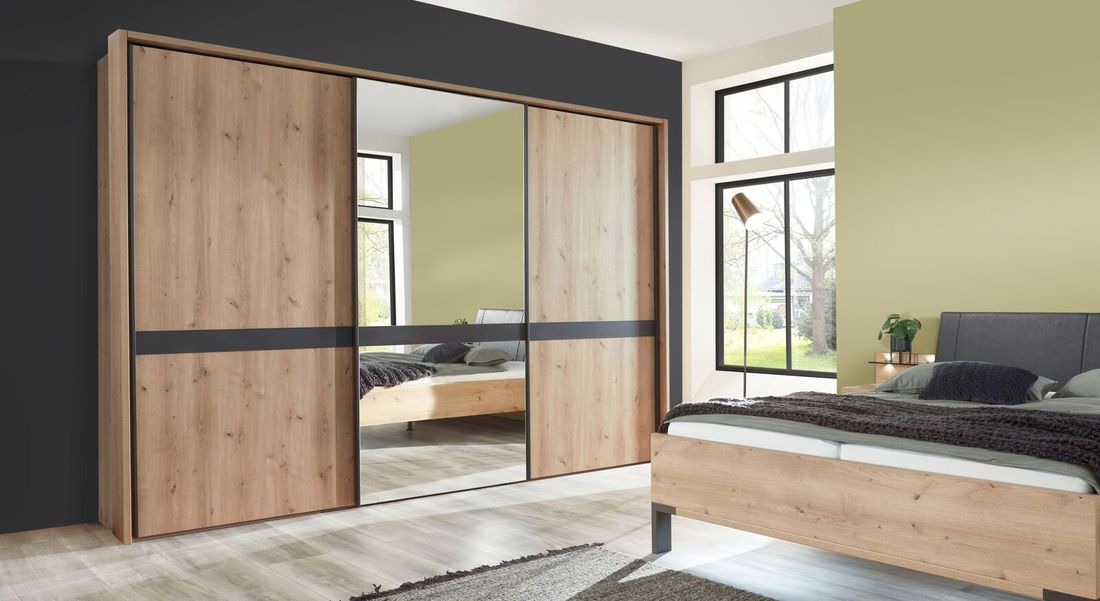 Schwebetüren-Kleiderschrank Lothas Eiche Dekor mit Spiegel H 217cm