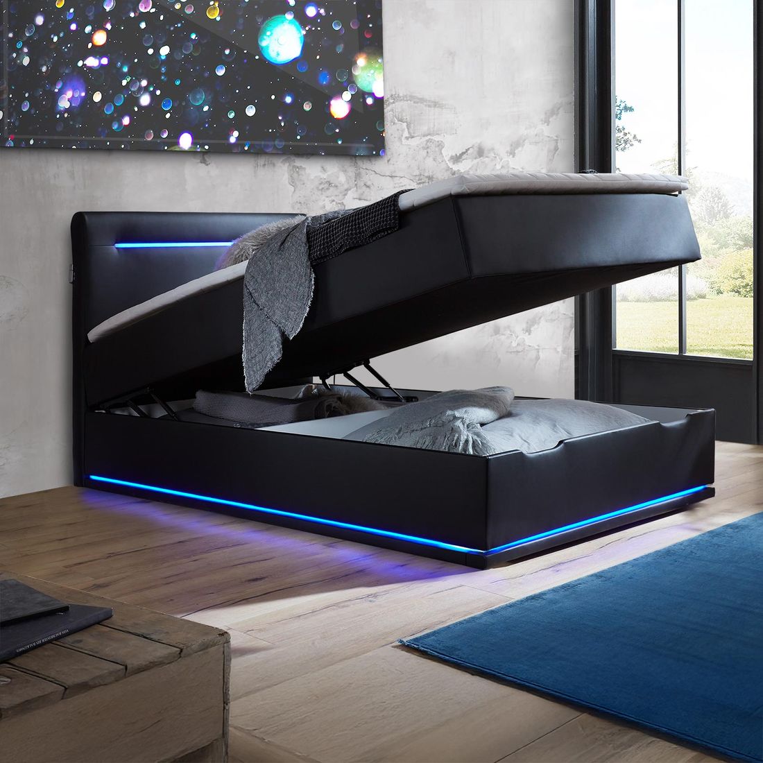 Boxspringbett Xaya Kunstleder mit Beleuchtung und Bettkasten