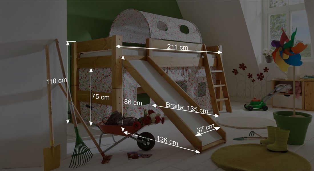Mini-Hochbett Kids Dreams Kiefer Massivholz mit Lattenrost und Rutsche