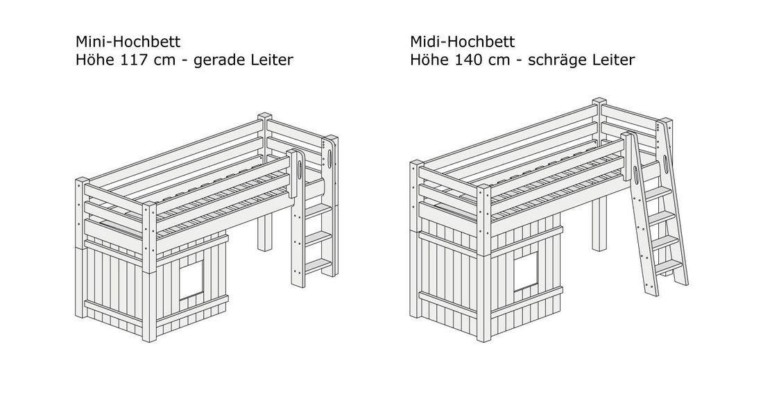 Hütten-Mini-/Midi-Hochbett Kids Paradise Kiefer Massivholz mit Lattenrost