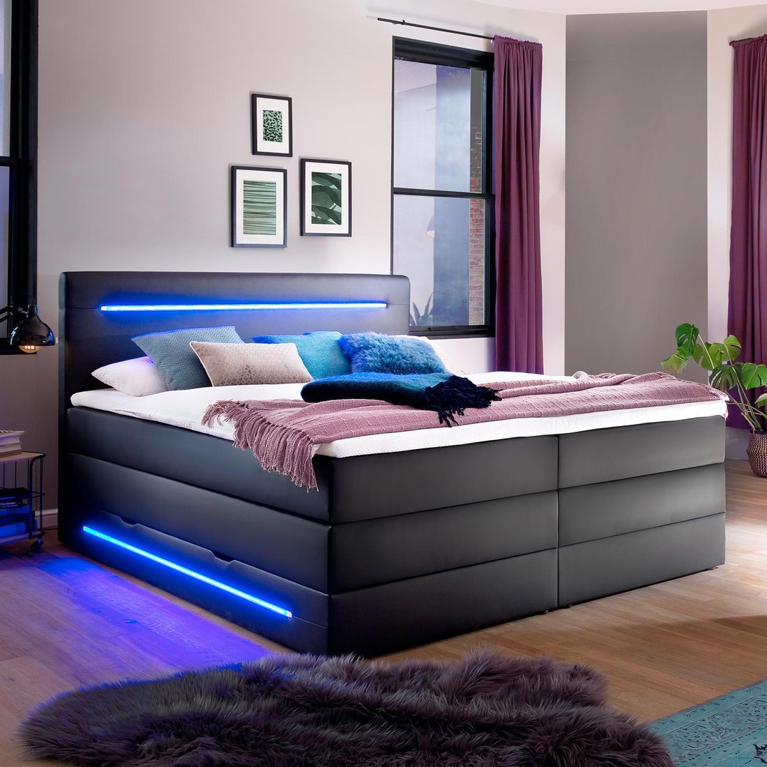 Boxspringbett Tollocan Kunstleder mit Beleuchtung und Bettkasten