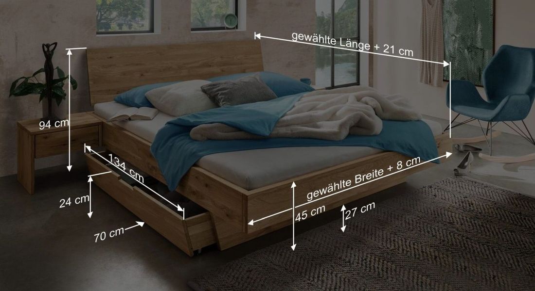 Bett Adrien Komfort Wildeiche Massivholz mit Schubkasten