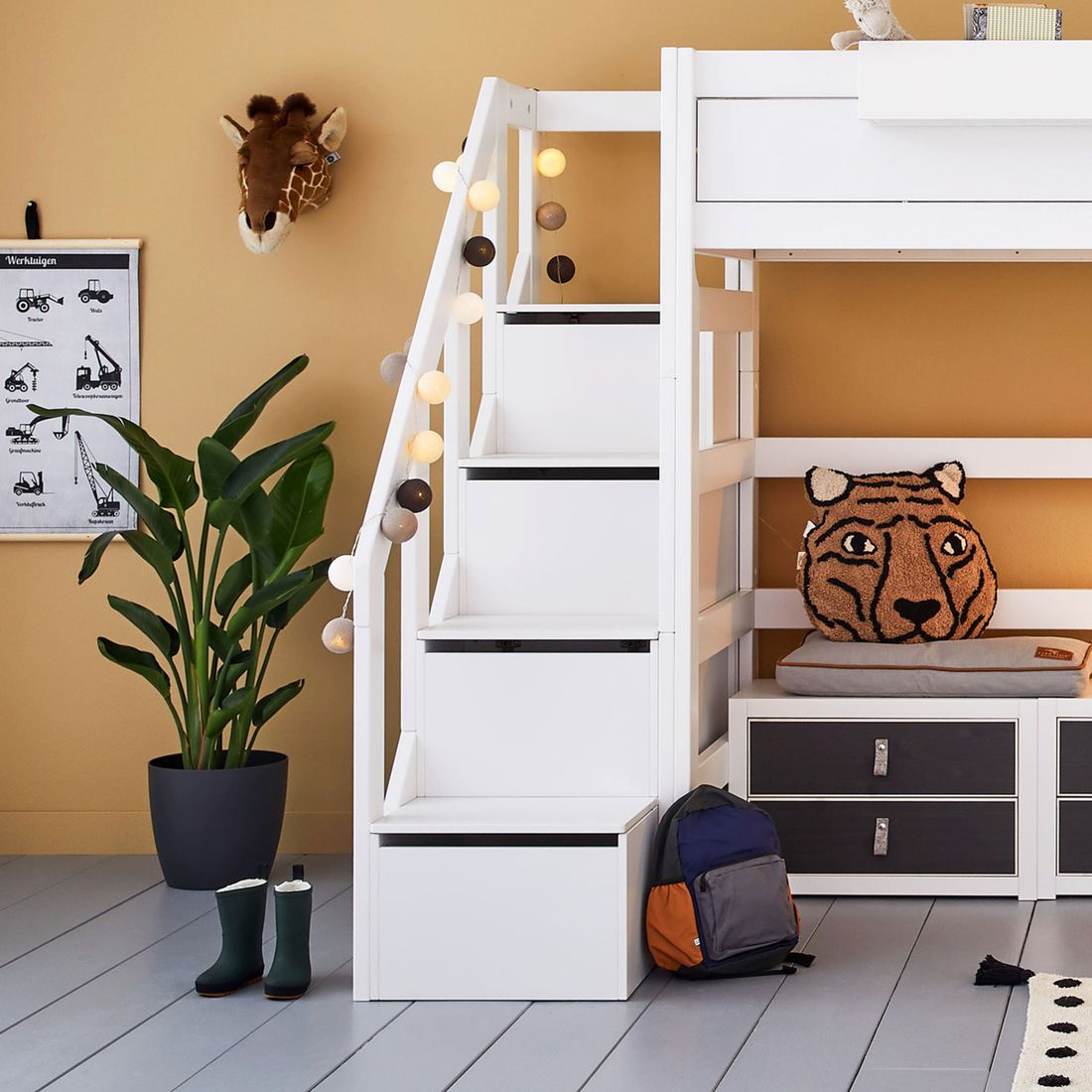 LIFETIME Hochbett Original Kiefer Massivholz mit Lattenrost und Treppenmodul