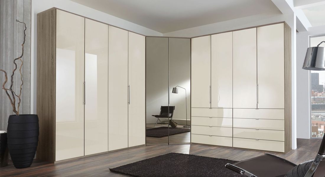 Eck-Kleiderschrank Tiko Eiche Dekor mit Schubladen, Spiegel und Glasfront