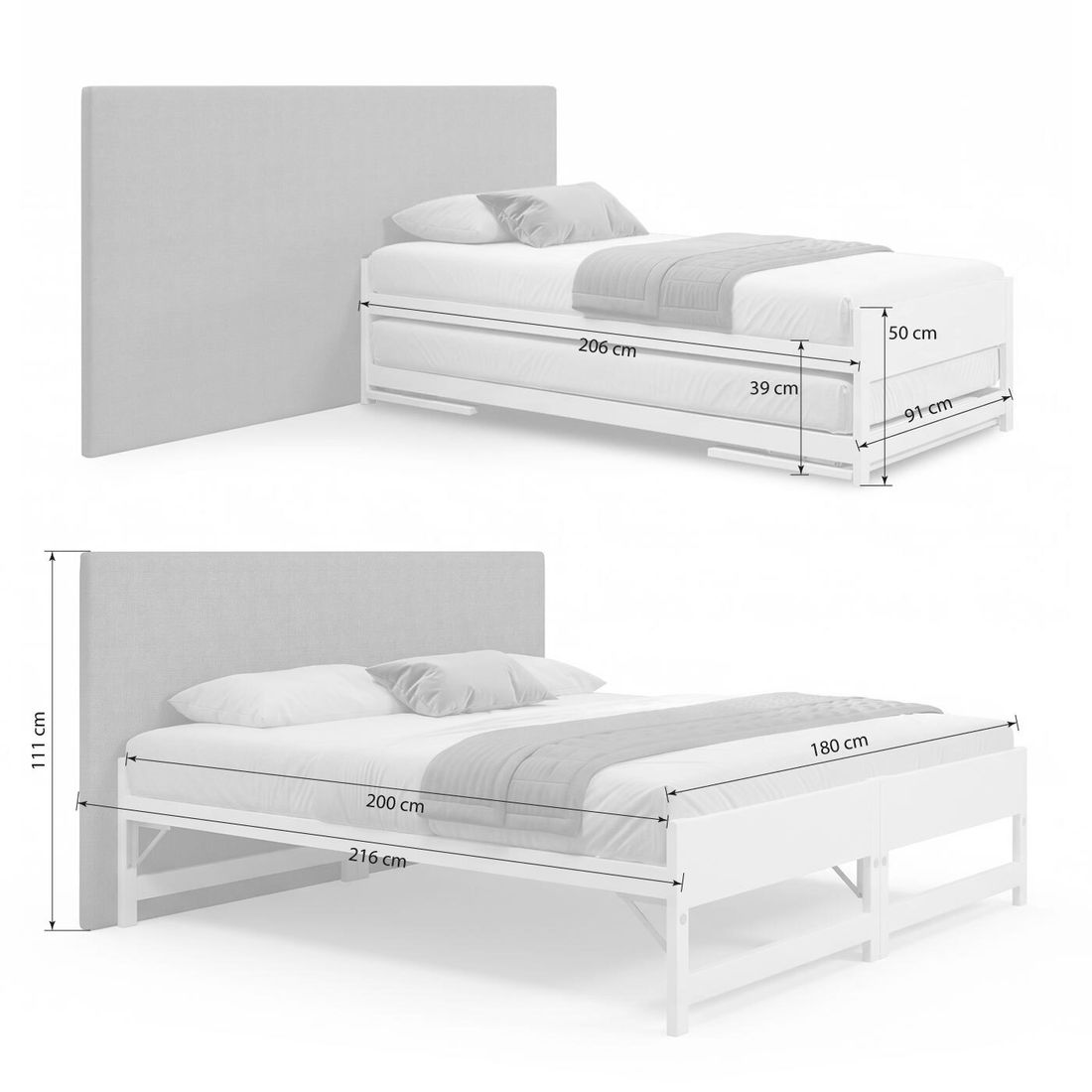 Ausziehbett On Top mit Lattenrost und Wandpaneel 2x 90x200cm
