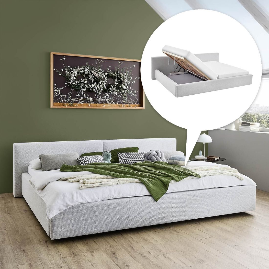 HOMELIV. Familienbett Dorisa Webstoff mit Bettkasten und Lattenrost 240x200cm