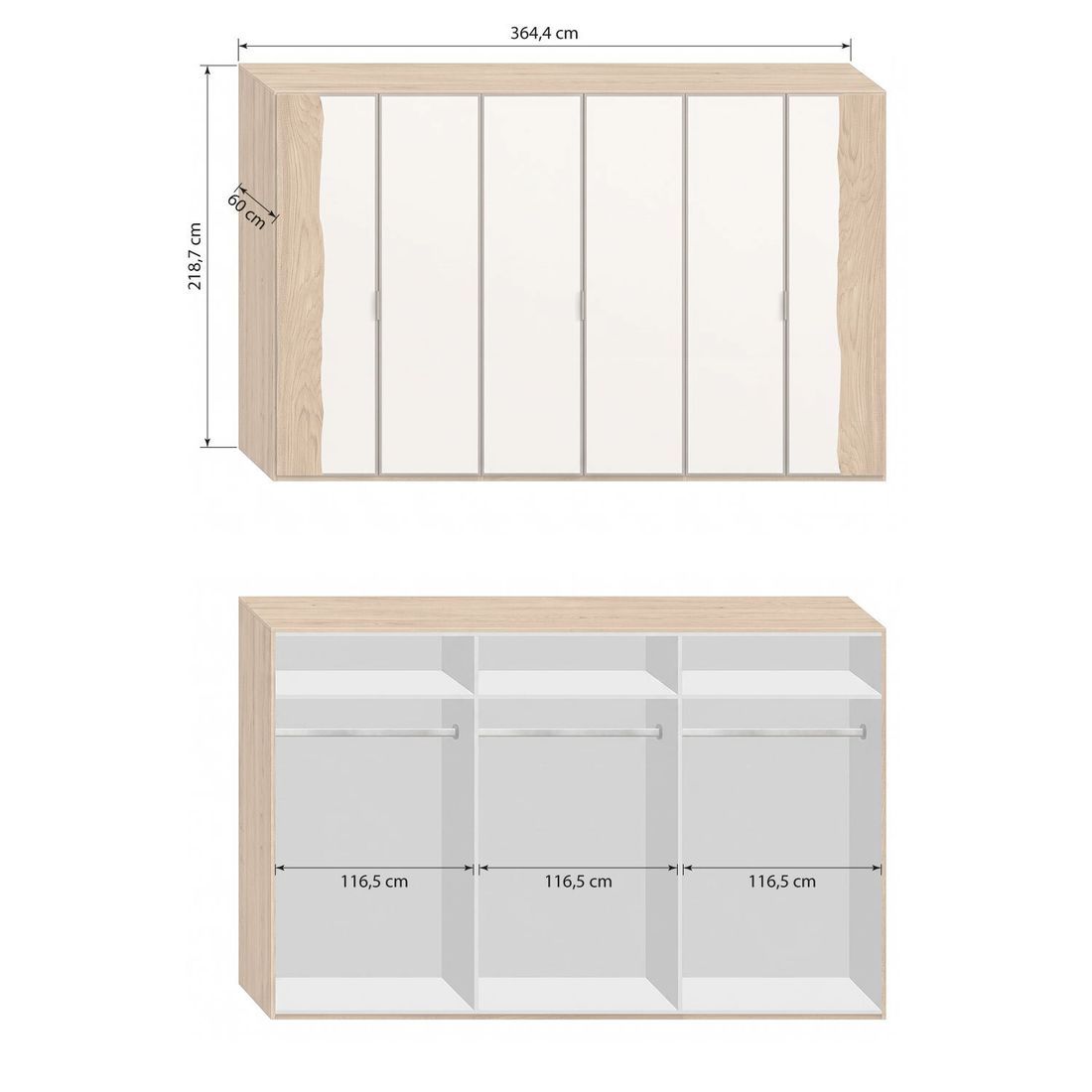 Drehtüren-Kleiderschrank Imst Wildeiche Massivholz mit Glasfront H 218cm
