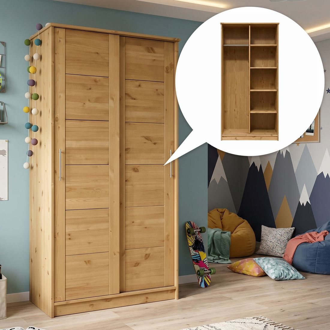 Schiebetüren-Kleiderschrank Kids Paradise Kiefer Massivholz mit Innenausstattung H 200cm