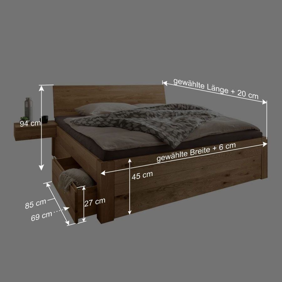 Bett Taric Komfort Wildeiche Massivholz mit Schubkasten