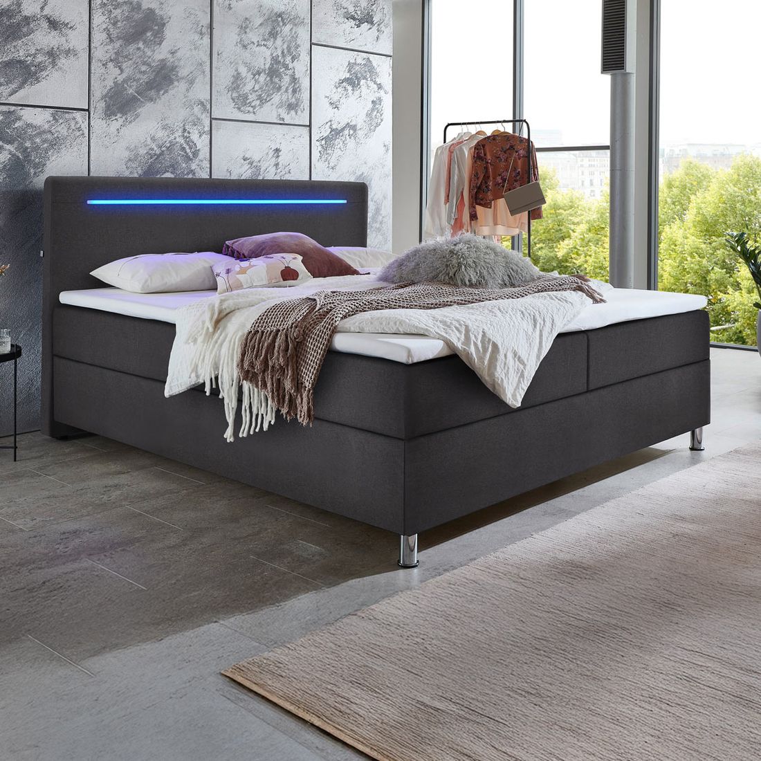 Boxspringbett Oritel Webstoff mit Beleuchtung und Bettkasten