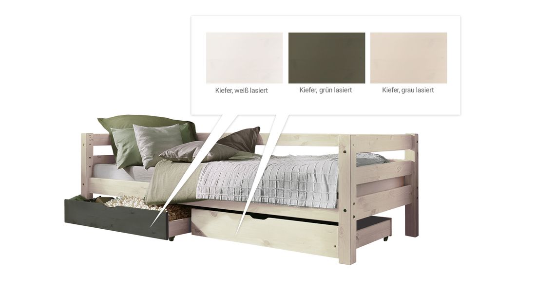 Bett Kids Paradise Laubhütte Kiefer Massivholz mit Lattenrost und Schubkasten