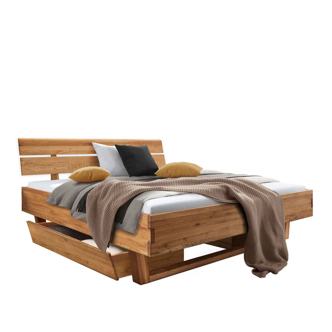 Bett Inula Komfort Wildeiche Massivholz mit Schubkasten