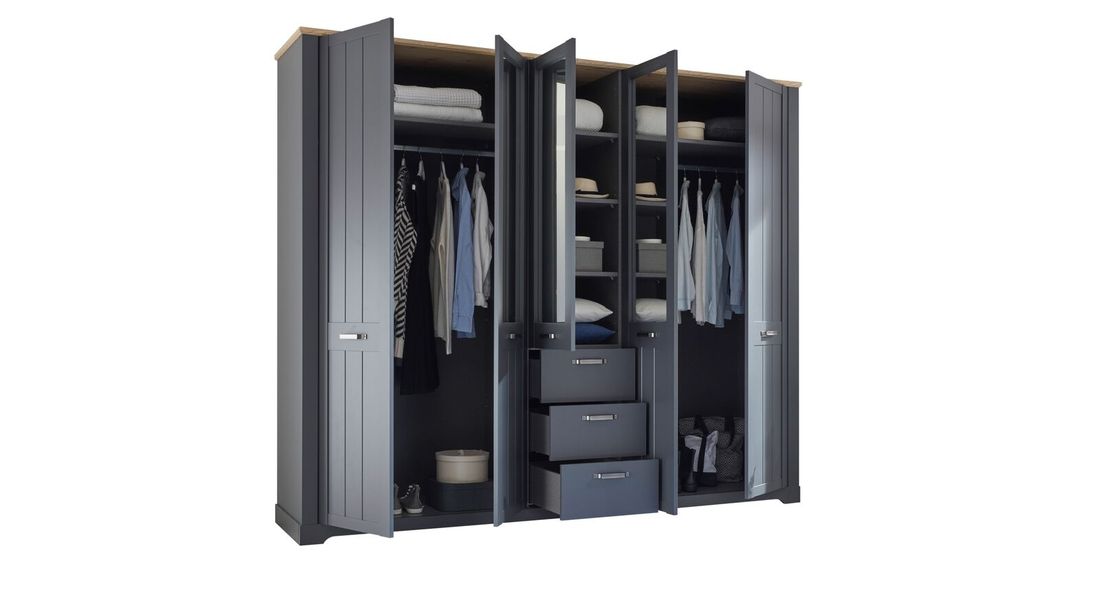 Drehtüren-Kleiderschrank Doriga mit Spiegel und Schubladen