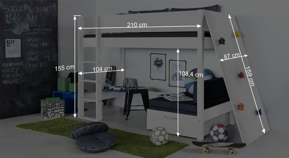 Midi-Hochbett Kids Town Buche teilmassiv mit Lattenrost und Kletterwand
