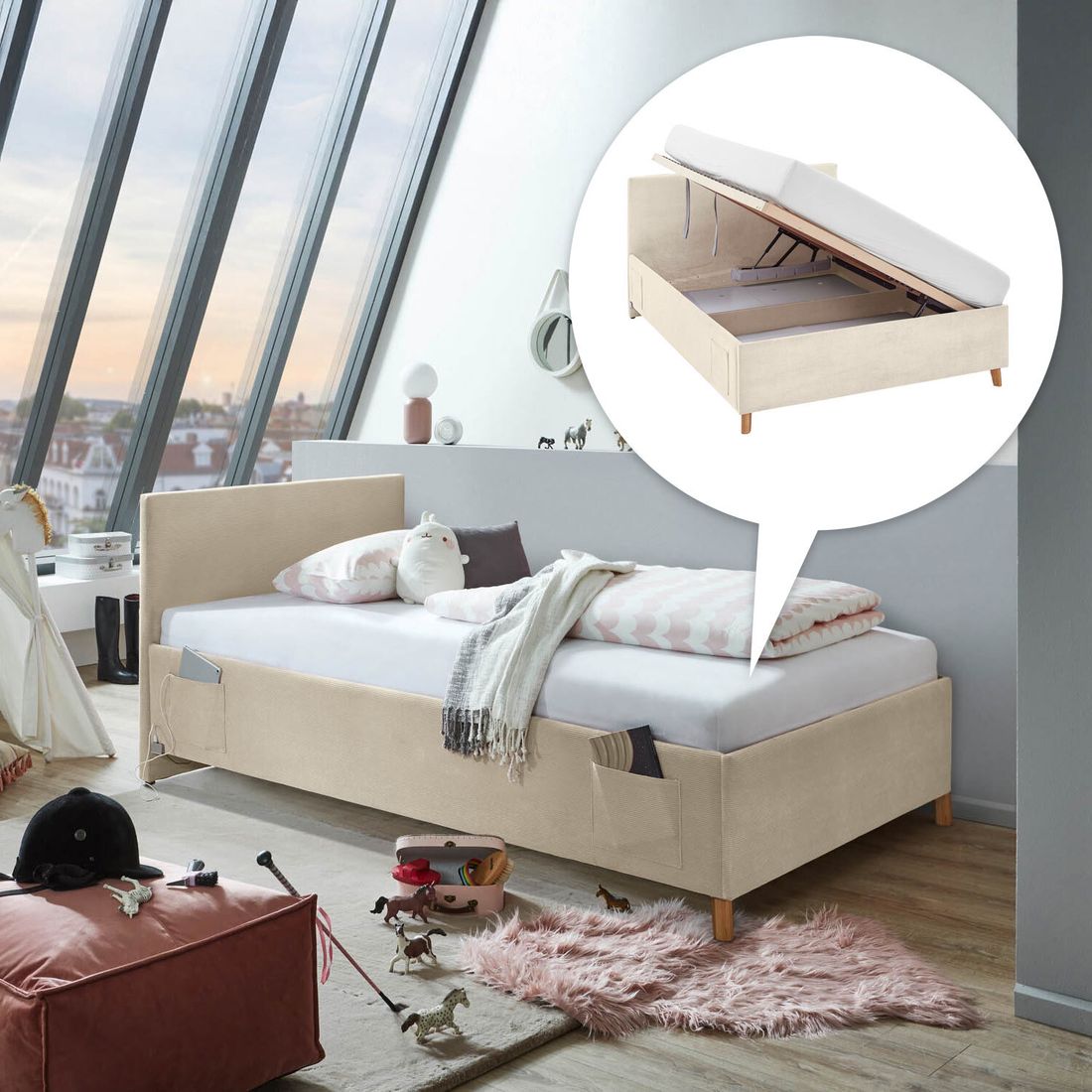 Polsterbett Pauka Komfort Cord mit Lattenrost und Bettkasten