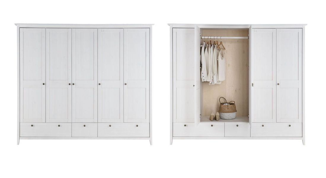 Drehtüren-Kleiderschrank Wanja Kiefer Massivholz mit Schubladen