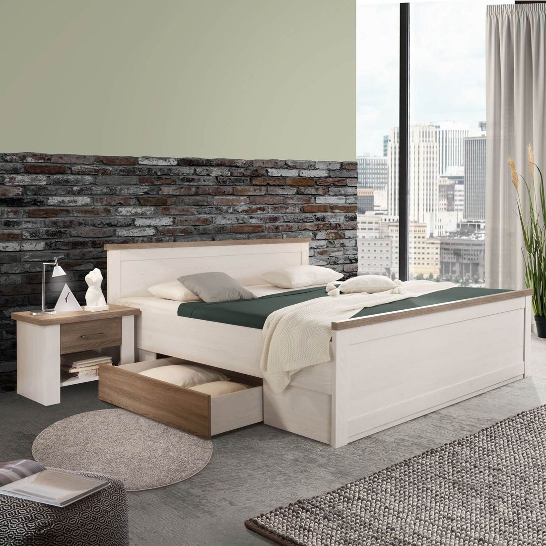 Bett Jordi Komfort Pinie Dekor mit Nachttischen und Schubkasten