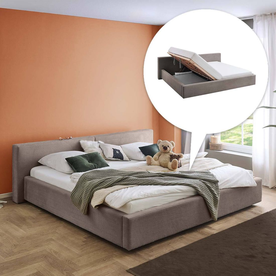 HOMELIV. Familienbett Dorisa Cord mit Bettkasten und Lattenrost 240x200cm