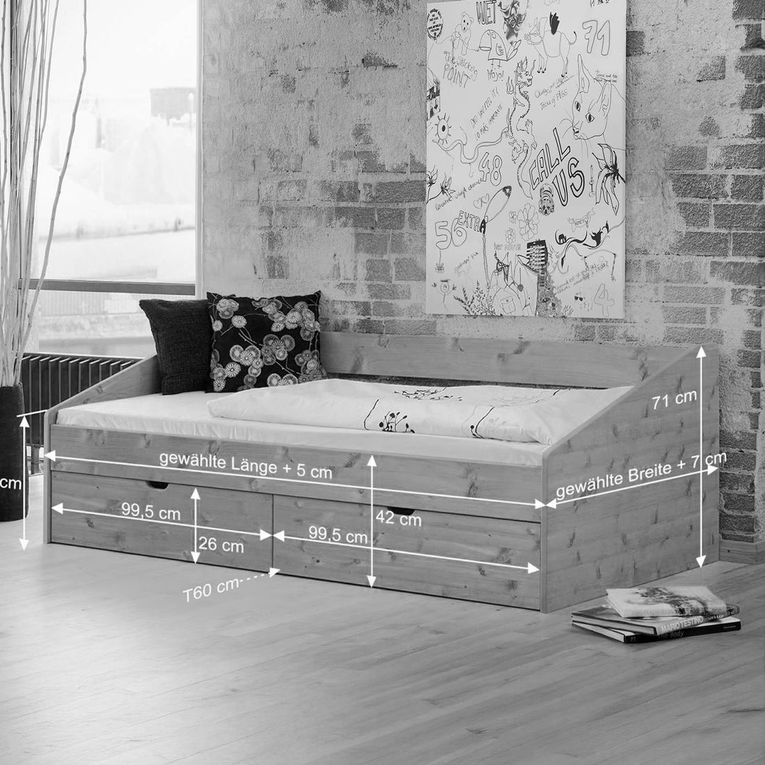 Bett Dänemark Komfort Kiefer/Kernbuche Massivholz mit Schubkasten