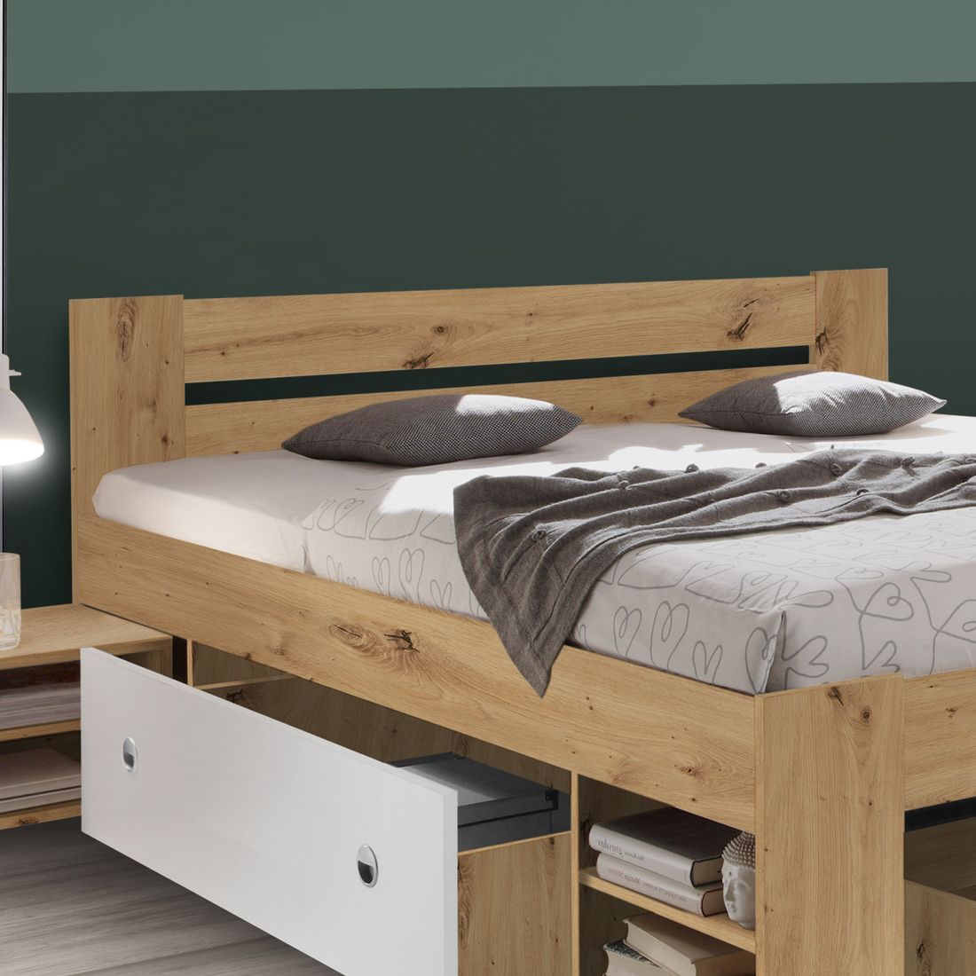 Bett Eibar Komfort Eiche Dekor mit Nachttischen und Schubkasten