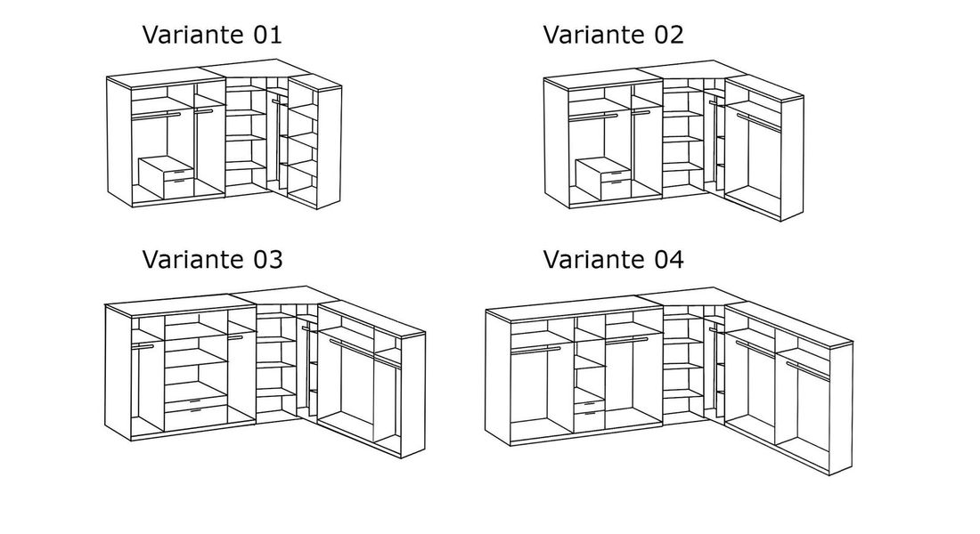 Eck-Kleiderschrank Bassiano mit Beleuchtung, Schubladen, Spiegel und Glasfront