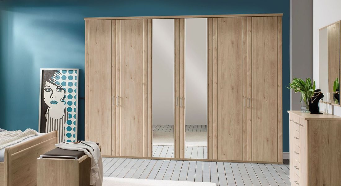 Drehtüren-Kleiderschrank Telford Eiche Dekor mit Spiegel H 216cm
