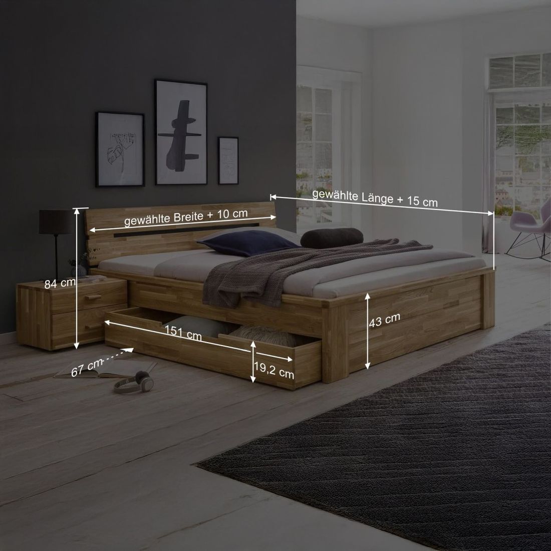 HOMELIV. Bett Sumak Komfort Wildeiche Massivholz mit Schubkasten