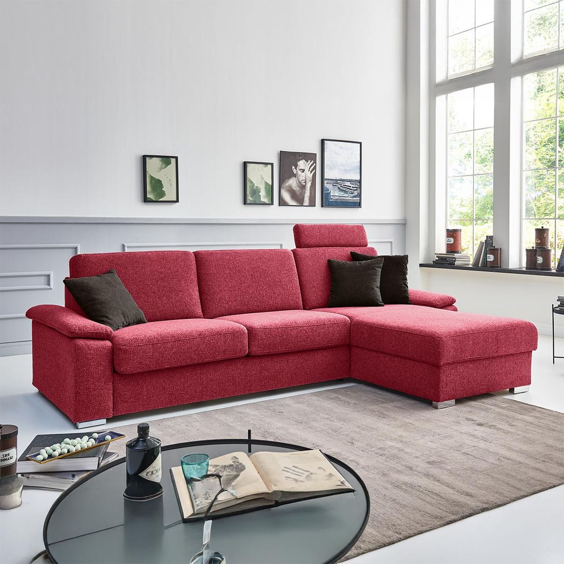 Eck-Schlafsofa Cesio Webstoff mit Lattenrost und Bettkasten Ottomane rechts