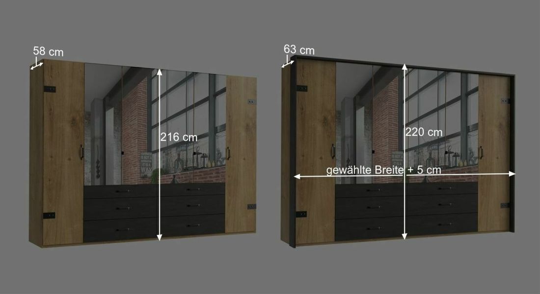 Drehtüren-Kleiderschrank Mancos Eiche Dekor mit Spiegel und Schubladen