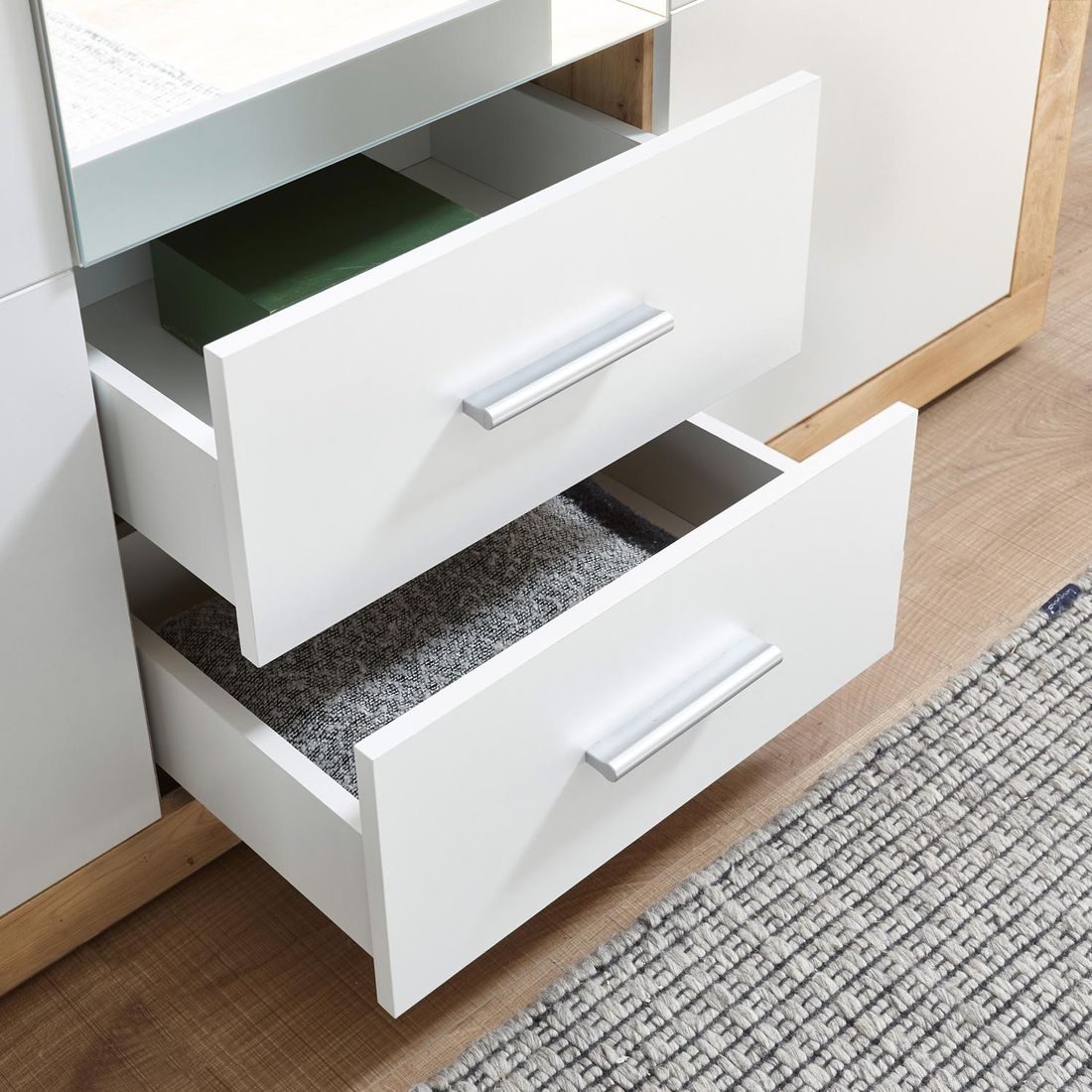 Drehtüren-Kleiderschrank Gelma Eiche Dekor mit Spiegel und Schubladen