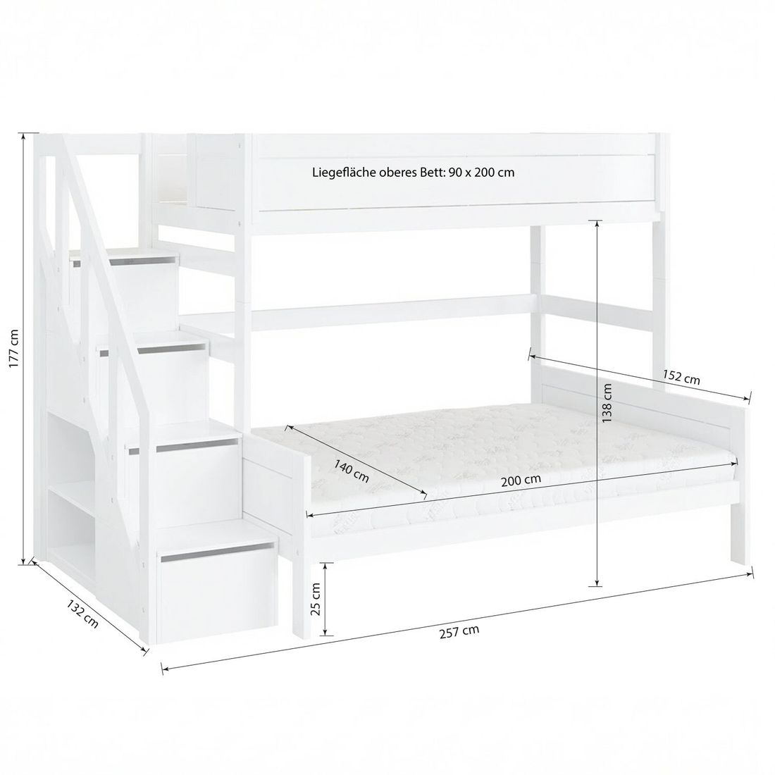 LIFETIME Familienbett Original Kiefer Massivholz mit Lattenrost und Treppenmodul