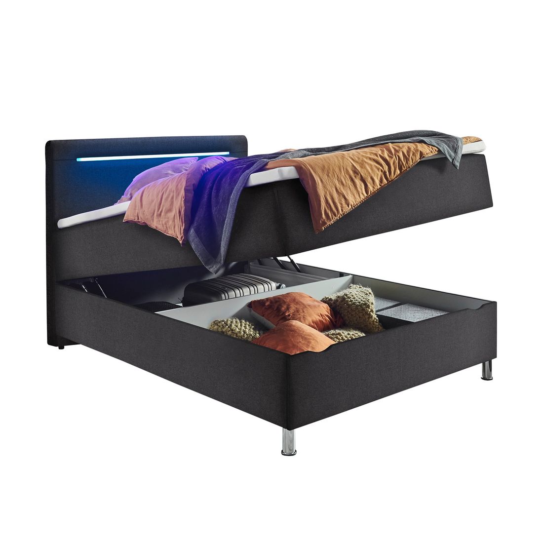 Boxspringbett Oritel Webstoff mit Beleuchtung und Bettkasten