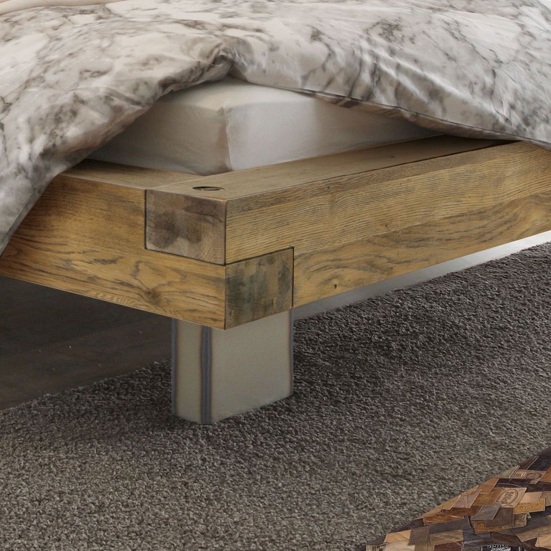 Balkenbett Limeira Wildeiche Vintage Massivholz