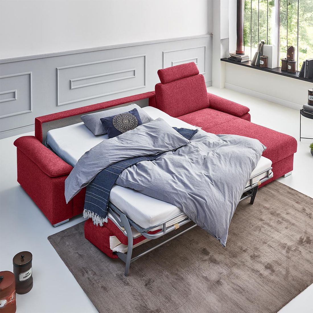 Eck-Schlafsofa Cesio Webstoff mit Lattenrost und Bettkasten Ottomane rechts