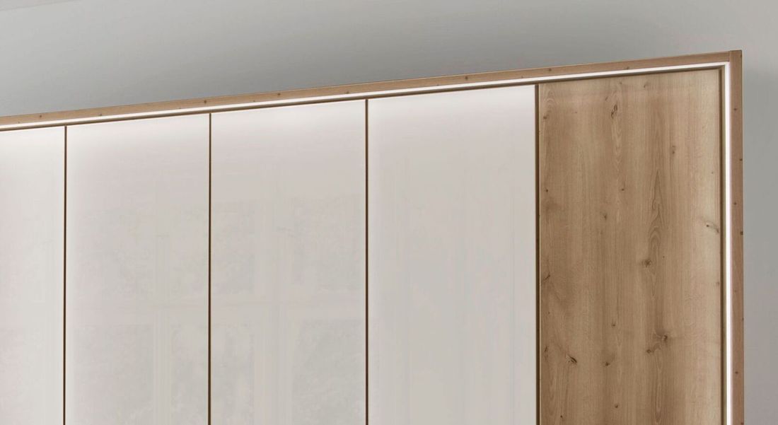 Drehtüren-Kleiderschrank Estiva Eiche Dekor mit Glasfront und Schubladen
