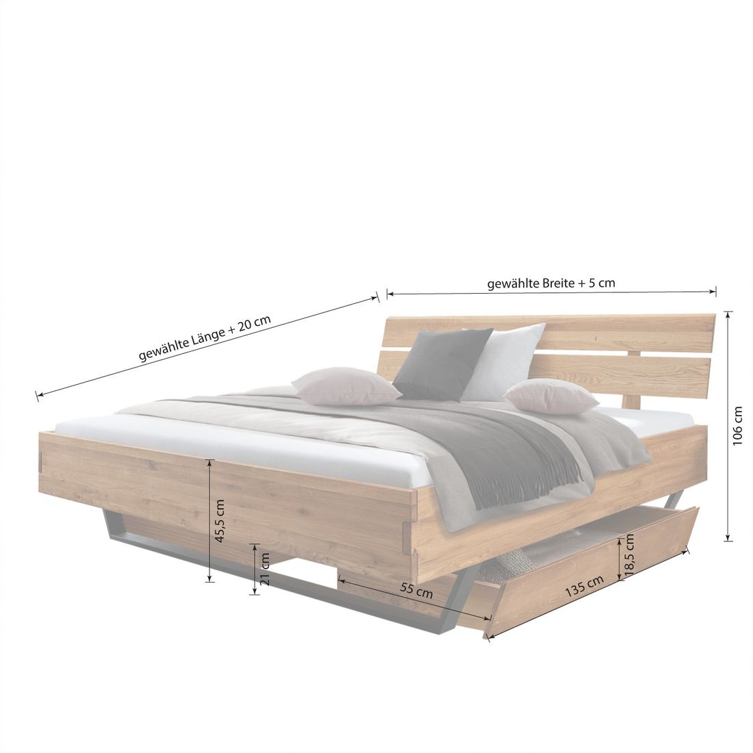 Bett Verbena Komfort Wildeiche Massivholz mit Schubkasten