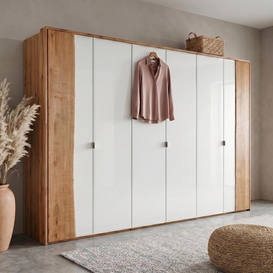 Drehtüren-Kleiderschrank Imst Wildeiche Massivholz mit Glasfront H 218cm