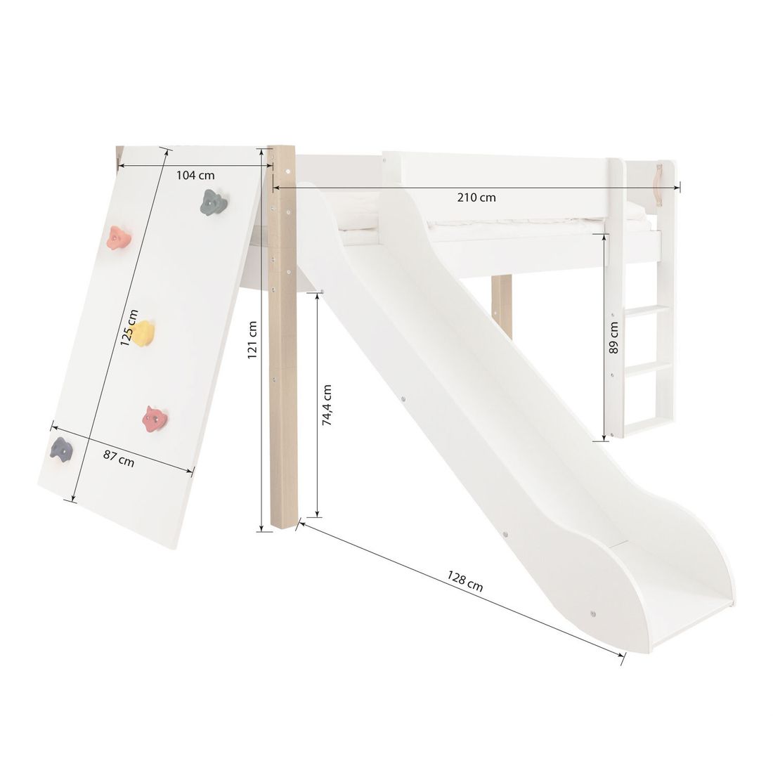 Mini-Hochbett Kids Town Buche teilmassiv mit Lattenrost, Rutsche und Kletterwand