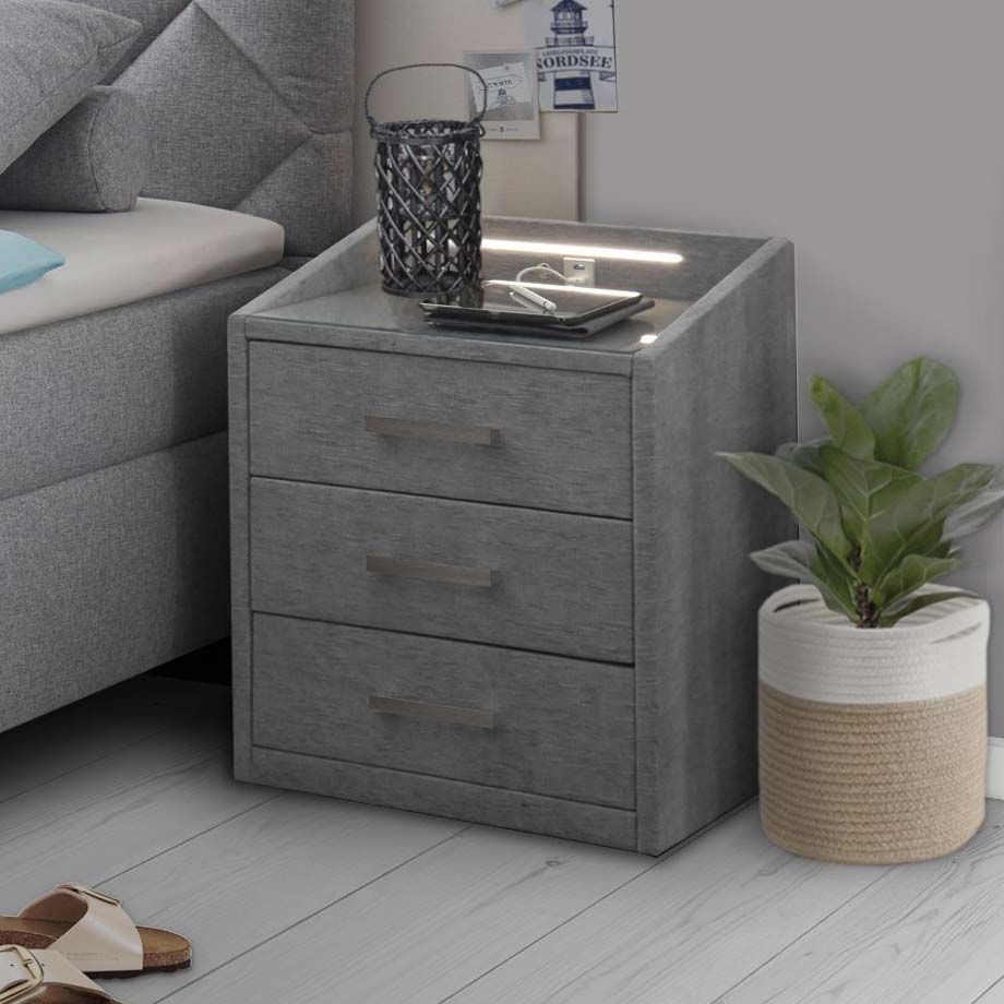 Polsternachttisch Bolton Webstoff H 61cm mit LED-Beleuchtung und USB-Anschluss